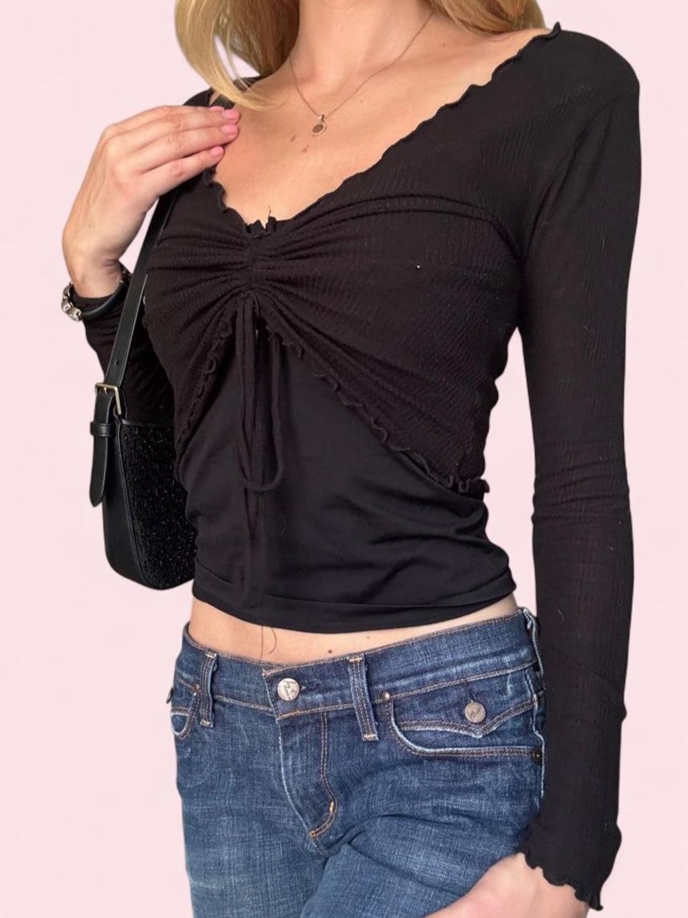 Black Ruched Long-Sleeve Crop Top
